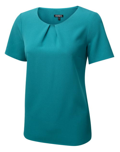 LIBBY Tuck Neck Short Sleeve Stretch Shell Blouse